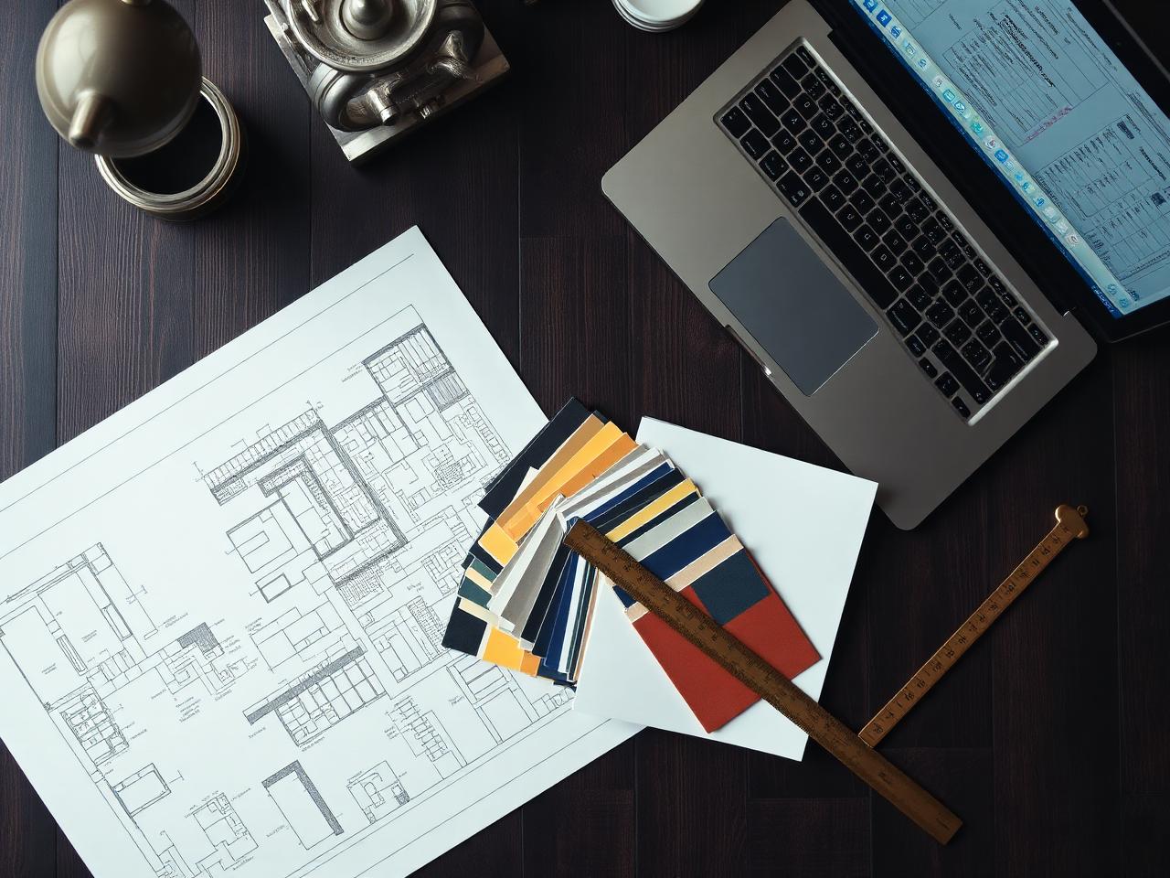A designer's desk with blueprints, swatches and a laptop