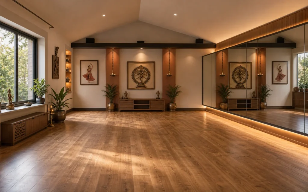 Converted garage Bharatanatyam dance studio with timber floor, mirrors and warm mood lighting