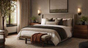 Boutique bedroom with layered bedding and warm light