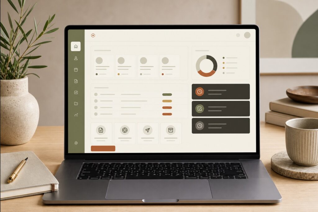 Modern HR portal dashboard concept shown in a calm workspace