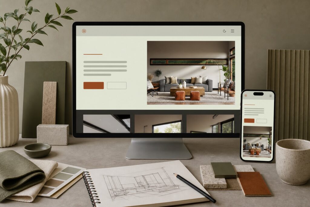 Editorial website design shown on a desk alongside warm material samples