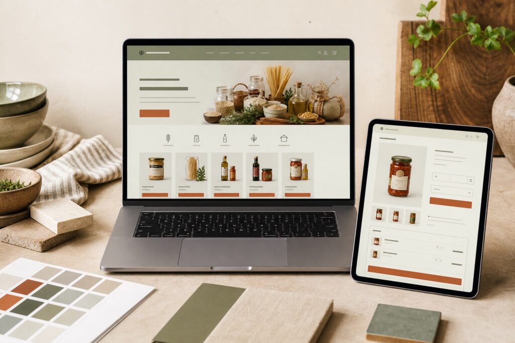 Clean e-commerce storefront concept shown on a laptop with food products