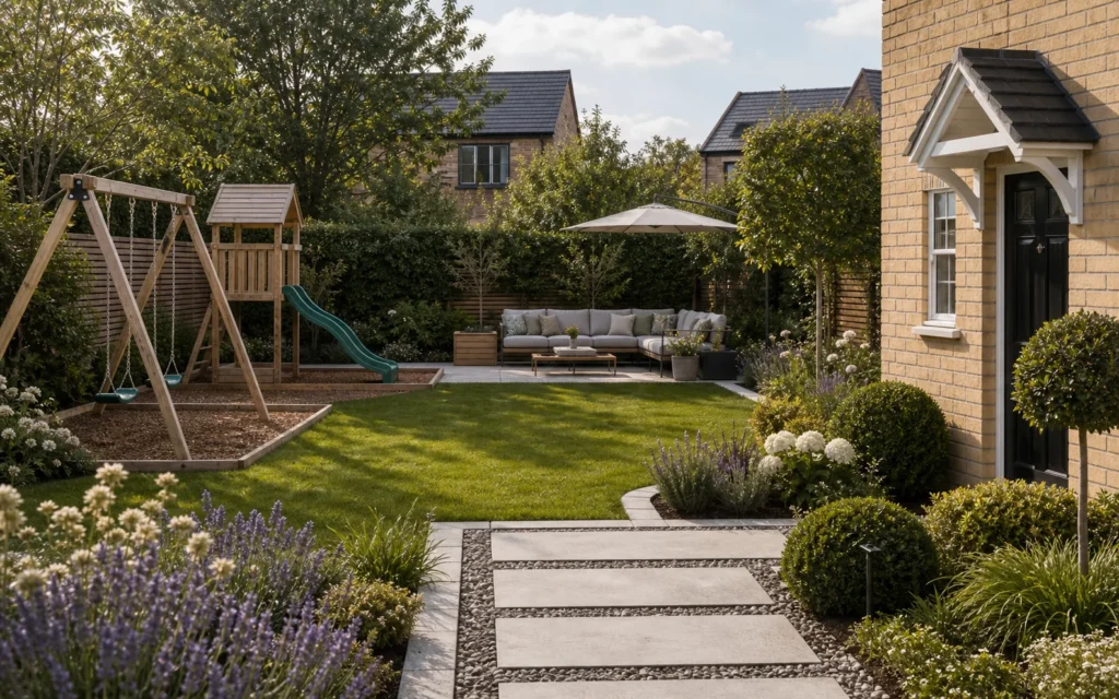 Family garden redesign with lawn, timber play area, seating and layered boundary planting