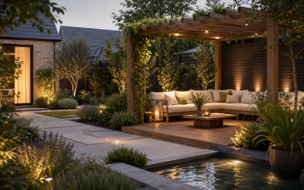 Residential backyard redesigned with a timber pergola, seating, planting and water feature at dusk