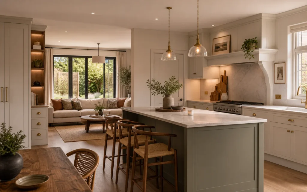 Open-plan house and kitchen interior with warm cabinetry, island seating and coordinated living area