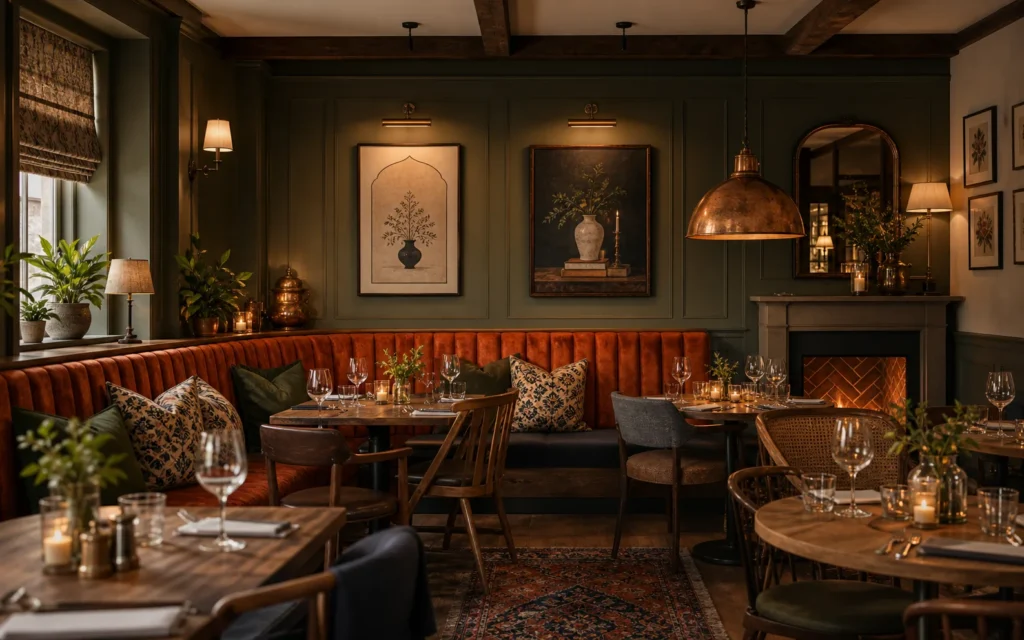 Warm Indo-English hospitality dining room with timber details, banquette seating and layered lighting
