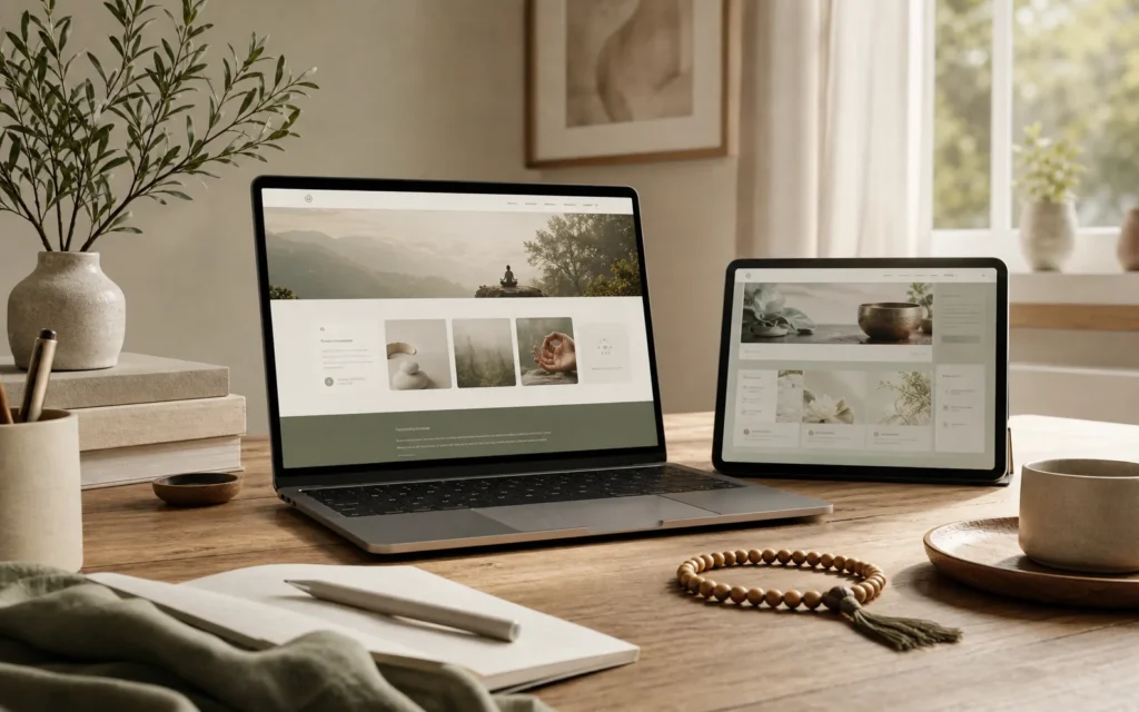 Natural Meditation website displayed on laptop and tablet in a calm workspace
